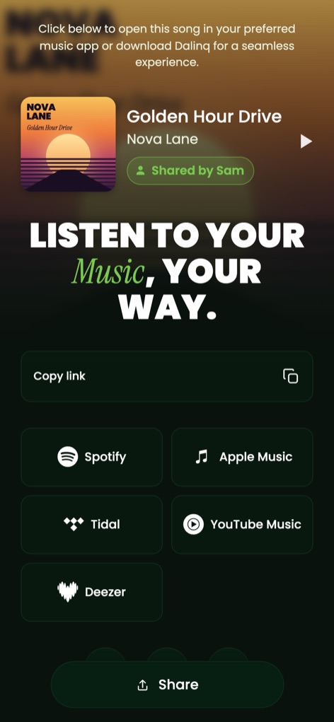 The Dalinq link page a friend sees in the browser, with the song, who shared it, and a button per music app.