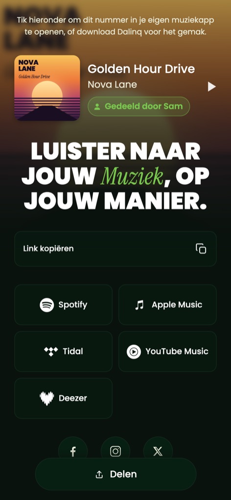 De Dalinq-linkpagina die je vriend in de browser ziet, met het nummer, wie het deelde en een knop per muziekapp.